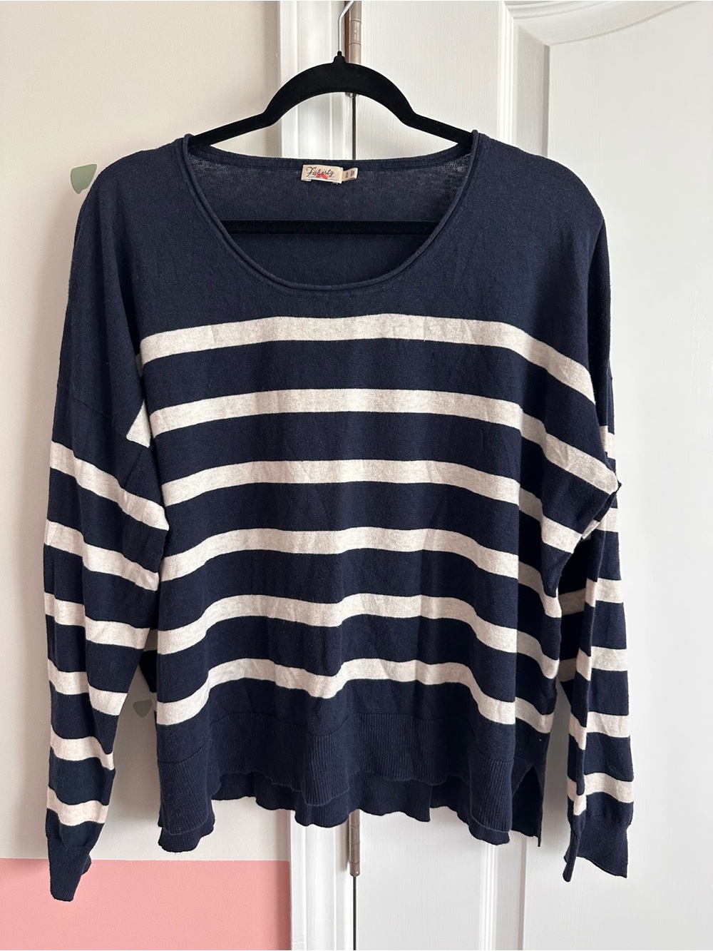 Faherty Striped Navy and White Women's Sweater - Lightweight Crewneck, XL
